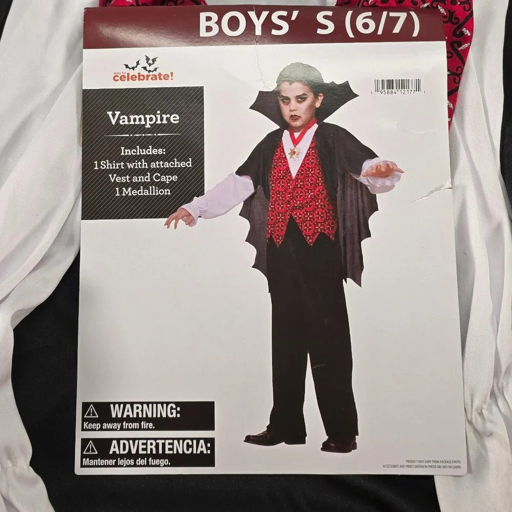 Boys Vampire Costume S 6/7 Shirt Vest Cape Halloween Celebrate - NO Medallion